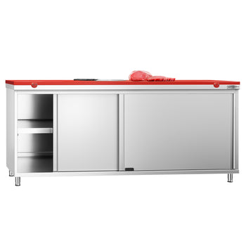 Szafka robocza ze stali nierdzewnej PREMIUM - 2000 x 800 mm - z drzwiami przesuwnymi - wraz z deską do krojenia w kolorze czerwonym - Prime Gastro