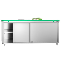 Szafka robocza ze stali nierdzewnej PREMIUM - 2000 x 600 mm - z drzwiami przesuwnymi - wraz z deską do krojenia w kolorze zielonym