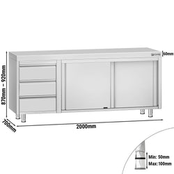 Szafka robocza ze stali nierdzewnej ECO - 2000x700mm - z drzwiami suwanymi, 3 szuflady po lewej stronie
