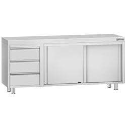 Szafka robocza ze stali nierdzewnej ECO - 2000x700mm - z drzwiami suwanymi, 3 szuflady po lewej stronie