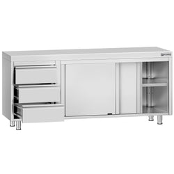 Stainless Steel Floor Cupboard ECO - 2000x700mm - with Sliding Doors - with 3 Drawers left