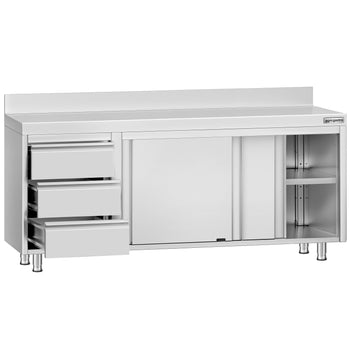 Szafka robocza ze stali nierdzewnej ECO - 2000x700 mm - z 3 szufladami po lewej stronie & panelem tylnym - Prime Gastro