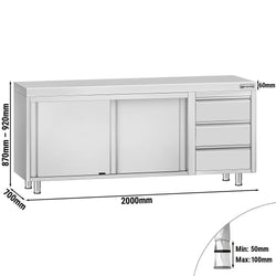 Stainless Steel Floor Cupboard ECO - 2000x700mm - with Sliding Doors - with 3 Drawers right