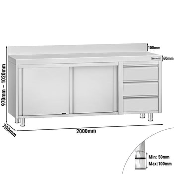 Szafka robocza ze stali nierdzewnej ECO - 2000x700 mm - z 3 szufladami po prawej stronie i panelem tylnym - Prime Gastro