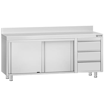 Szafka robocza ze stali nierdzewnej ECO - 2000x700 mm - z 3 szufladami po prawej stronie i panelem tylnym - Prime Gastro