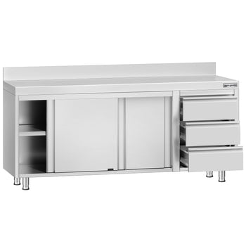 Szafka robocza ze stali nierdzewnej ECO - 2000x700 mm - z 3 szufladami po prawej stronie i panelem tylnym - Prime Gastro