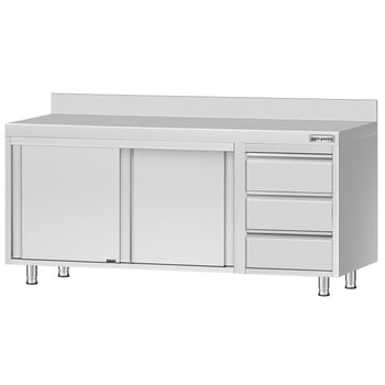 Szafka robocza ze stali nierdzewnej ECO - 2000x700 mm - z 3 szufladami po prawej stronie i panelem tylnym - Prime Gastro