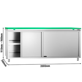 Szafka robocza ze stali nierdzewnej PREMIUM - 2000 x 700 mm - z drzwiami przesuwnymi - wraz z deską do krojenia w kolorze zielonym - Prime Gastro