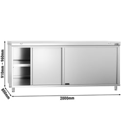 Szafka robocza ze stali nierdzewnej PREMIUM - 2000 x 800 mm - z drzwiami przesuwnymi - wraz z deską do krojenia w kolorze białym
