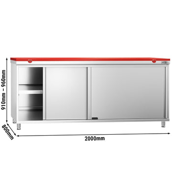 Szafka robocza ze stali nierdzewnej PREMIUM - 2000 x 800 mm - z drzwiami przesuwnymi - wraz z deską do krojenia w kolorze czerwonym - Prime Gastro