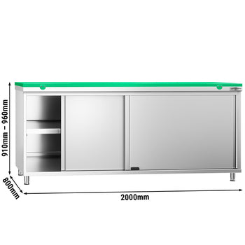 Szafka robocza ze stali nierdzewnej PREMIUM - 2000 x 800 mm - z drzwiami przesuwnymi - wraz z deską do krojenia w kolorze zielonym - Prime Gastro