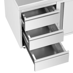 Stainless Steel Floor Cupboard PREMIUM - 1400x600mm - with Sliding Doors | 3 Drawers left & Upstand