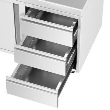 Szafka robocza ze stali nierdzewnej ECO - 1800x600 mm - z 3 szufladami po prawej stronie i panelem tylnym - Prime Gastro