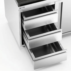 Szafka robocza ze stali nierdzewnej PREMIUM – 1600 x 600 mm – z 3 szufladami po lewej stronie – wraz z blatem granitowym
