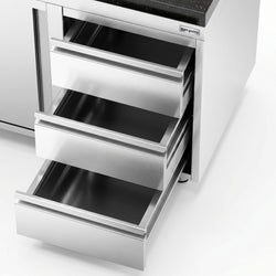 Szafka robocza ze stali nierdzewnej PREMIUM – 1600 x 600 mm – z 3 szufladami po prawej stronie – wraz z blatem granitowym
