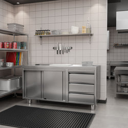 Szafka robocza PREMIUM – stal nierdzewna – 1400 x 700 mm – z 3 szufladami po prawej stronie