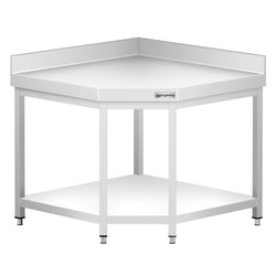 Narożny stół roboczy ze stali nierdzewnej PREMIUM - 1150x800 mm - z dolną półką i panel tylny