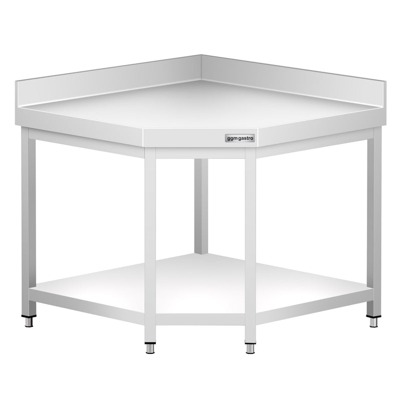 Narożny stół roboczy ze stali nierdzewnej PREMIUM - 1150x800 mm - z dolną półką i panel tylny
