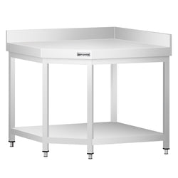 Narożny stół roboczy ze stali nierdzewnej PREMIUM - 1150x800 mm - z dolną półką i panel tylny