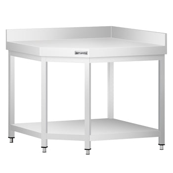 Narożny stół roboczy ze stali nierdzewnej PREMIUM - 1150x800 mm - z dolną półką i panel tylny - Prime Gastro