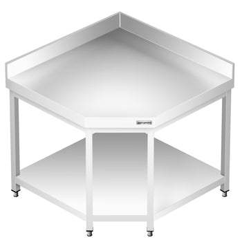 Narożny stół roboczy ze stali nierdzewnej PREMIUM - 1000x700 mm - z dolną półką i panelem tylnym - Prime Gastro