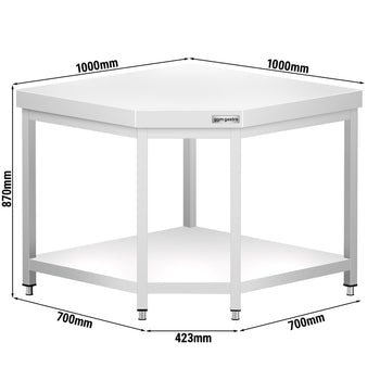 Narożny stół roboczy ze stali nierdzewnej PREMIUM – 1000 x 700 mm – z podstawą - Prime Gastro