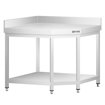 Narożny stół roboczy ze stali nierdzewnej PREMIUM - 1000x700 mm - z dolną półką i panelem tylnym - Prime Gastro