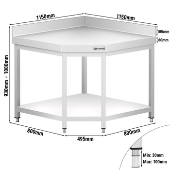 Narożny stół roboczy ze stali nierdzewnej PREMIUM - 1150x800 mm - z dolną półką i panel tylny - Prime Gastro