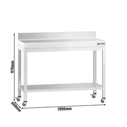 Stół roboczy ze stali nierdzewnej PREMIUM – 1000 x 600 mm – z półką dolną, nadstawką i kółkami