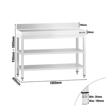 Stół roboczy ze stali nierdzewnej PREMIUM - 1000x600 mm - z półką dolną, panelem tylnym i półką pośrednią - Prime Gastro