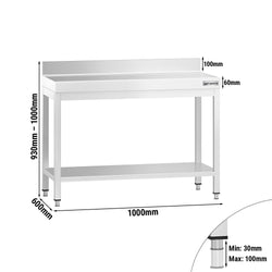 Stół gastronomiczny roboczy ze stali nierdzewnej PREMIUM - 1000x600mm - z półką dolną i panelem tylnym