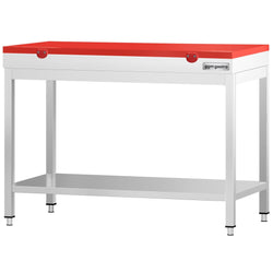 Stół roboczy ze stali nierdzewnej PREMIUM – 1000 x 600 mm – z podstawą – wraz z deską do krojenia w kolorze czerwonym