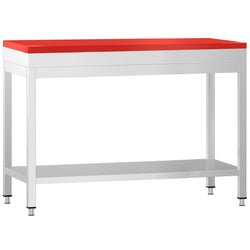 Stół roboczy ze stali nierdzewnej PREMIUM – 1000 x 600 mm – z podstawą – wraz z deską do krojenia w kolorze czerwonym