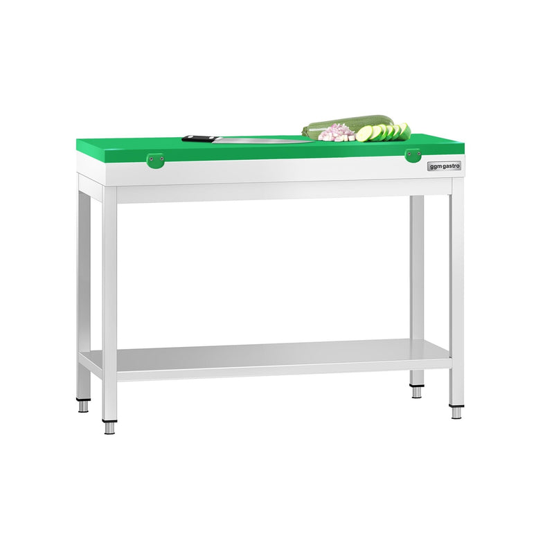Stół roboczy ze stali nierdzewnej PREMIUM – 1000 x 700 mm – z podstawą – w zestawie z zieloną deską do krojenia