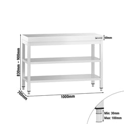 Stół roboczy ze stali nierdzewnej PREMIUM - 1000x700 mm - z półką dolną i półką pośrednią