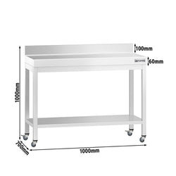 Stół roboczy ze stali nierdzewnej PREMIUM – 1000 x 700 mm – z półką dolną, nadstawką i kółkami