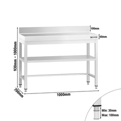 Stół roboczy przyścienny ze stali nierdzewnej PREMIUM - 1000x700mm - z półką & wzmocniony