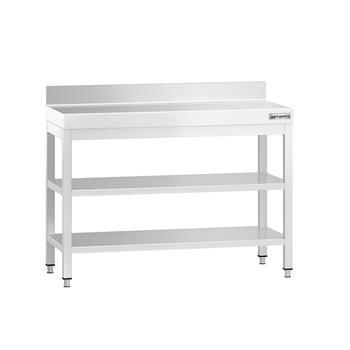 Stół roboczy ze stali nierdzewnej PREMIUM - 1000x600 mm - z półką dolną, panelem tylnym i półką pośrednią - Prime Gastro