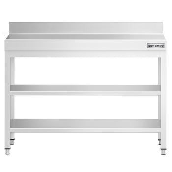 Stół roboczy ze stali nierdzewnej PREMIUM - 1000x800 mm - z półką dolną, panelem tylnym i półką pośrednią - Prime Gastro