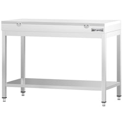 Stół roboczy ze stali nierdzewnej PREMIUM – 1000 x 700 mm – z podstawą – w zestawie z białą deską do krojenia