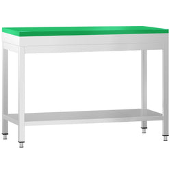 Stół roboczy ze stali nierdzewnej PREMIUM – 1000 x 600 mm – z podstawą – wraz z deską do krojenia w kolorze zielonym