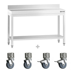Stół roboczy ze stali nierdzewnej PREMIUM – 1200 x 800 mm – z półką dolną, nadstawką i kółkami