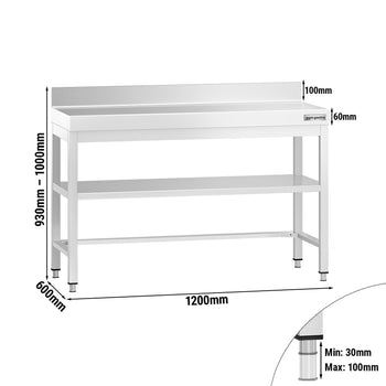 Stół roboczy ze stali nierdzewnej PREMIUM - 1200x600 mm - z półką dolną, panelem tylnym i wspornikiem - Prime Gastro