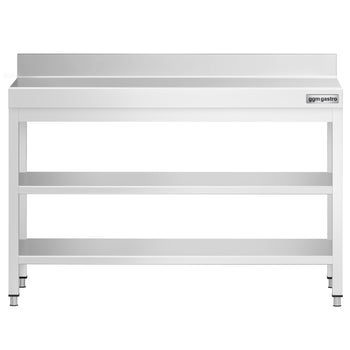 Stół roboczy ze stali nierdzewnej PREMIUM - 1200x600 mm - z półką dolną, panelem tylnym i półką pośrednią - Prime Gastro