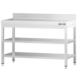 Stół roboczy ze stali nierdzewnej PREMIUM - 1200x600 mm - z półką dolną, panelem tylnym i półką pośrednią