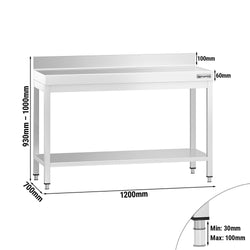 Stół roboczy ze stali nierdzewnej PREMIUM - 1200x700mm - z półką dolną i panelem tylnym