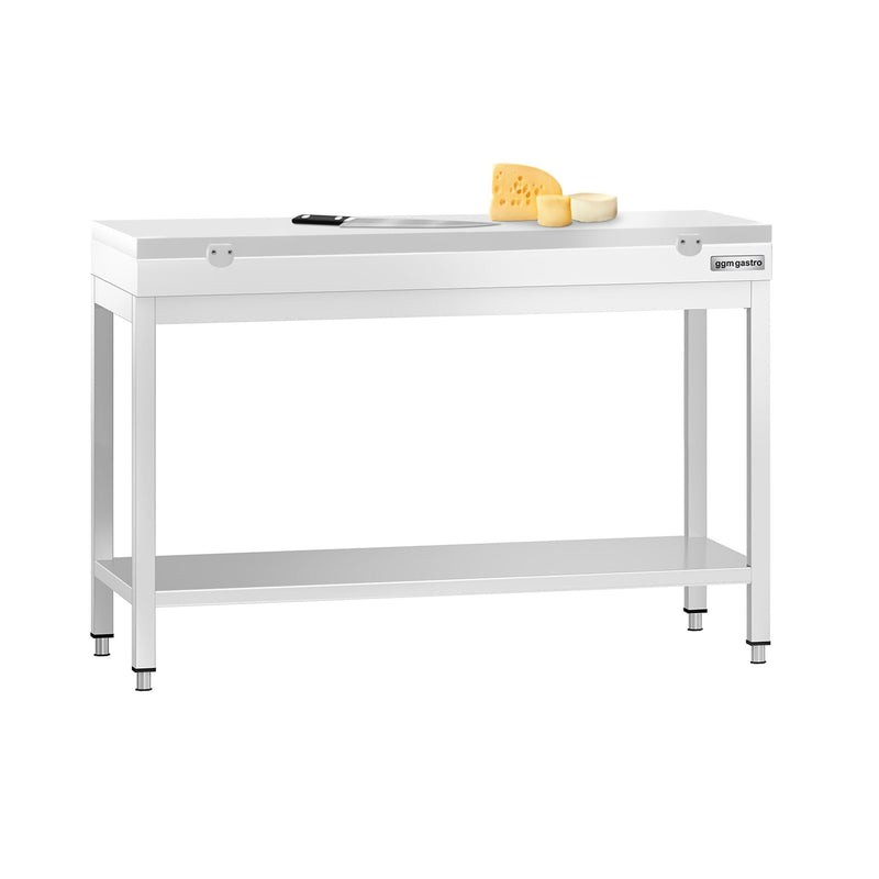 Stół roboczy ze stali nierdzewnej PREMIUM – 1200 x 600 mm – z podstawą – w zestawie z białą deską do krojenia