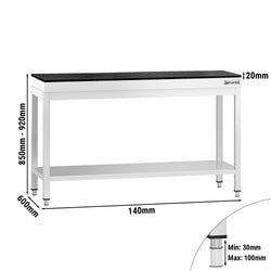 Stół roboczy centralny ze stali nierdzewnej PREMIUM - 1400x600mm - z półką - z blatem granitowym