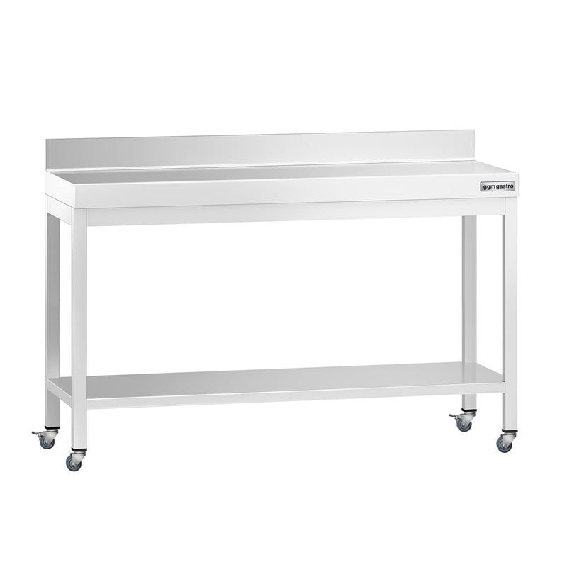 Stół roboczy ze stali nierdzewnej PREMIUM – 1400 x 800 mm – z półką dolną, nadstawką i kółkami