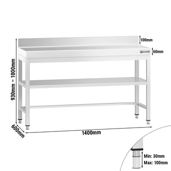Stół roboczy ze stali nierdzewnej PREMIUM - 1400x600 mm - z dolną półką, panelem tylnym & rozpórką - Prime Gastro